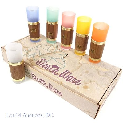 Vintage Frosted Tumblers Genuine Walnut Wrap (6). Set of (6) various colors vintage Siesta Ware 