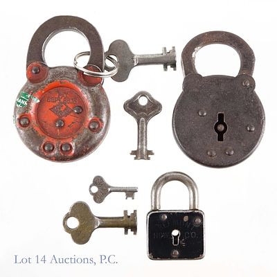 Three Vintage Padlocks With Keys. Three vintage padlocks, all in working order with keys. The 