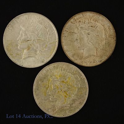 1923 (P) USA 90%-Silver Peace Dollars (3). Three (3) 1923 United States silver peace dollars 