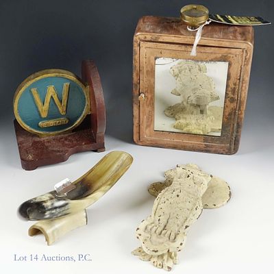 Vintage Safetee Mirror, Door Knocker, Horn Ashtray. Lot includes vintage Safetee copper shaving 