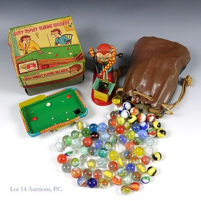 Vintage Marbles (150+) & Lucky Monkey Wind Up Toy. More than 150 vintage marbles, various colors 