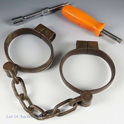19th c. Lilly Steel Screw Lock Leg Irons Shackles. 19th century Lilly steel screw lock leg irons 
