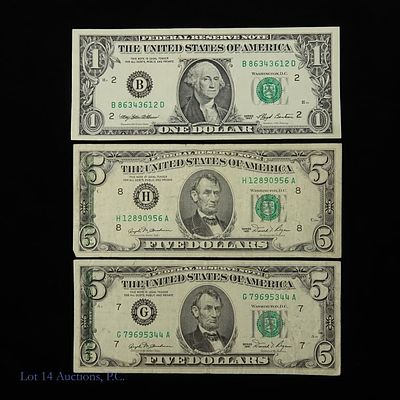1981 & 1993 USA $1 & $5 FRN W/ Errors, 3. Three (3) United States Federal Reserve notes - green 