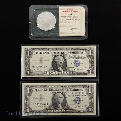 USA Silver $1 Bullion Coin & $1 Certs, 3. Three (3) United States silver dollar bullion coin and 