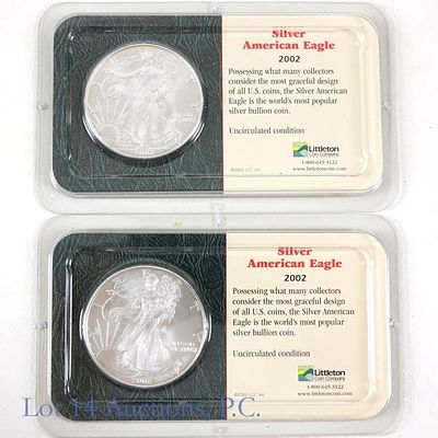 2002 (W) American Silver Eagle $1 Bullion Coins, 2. Two (2) 2002 (W) American silver eagle 
