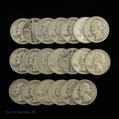 USA 90%-Silver Mixed Type Quarters (20). Twenty (20) United States mixed type 90%-silver 