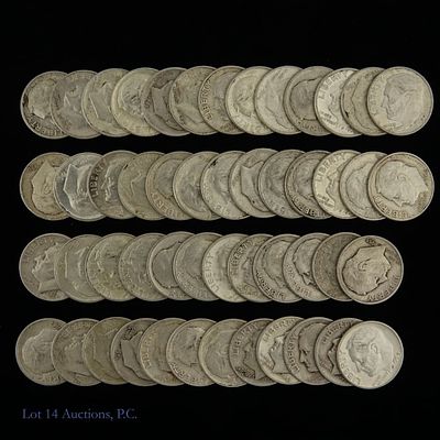 USA 90%-Silver Roosevelt Dimes Roll (50). Fifty (50) United States silver Roosevelt dimes in 