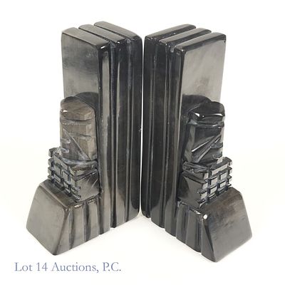 Vintage Mesoamerican Stone Bookends. Set of two black stone bookends carved in a Mesoamerican 