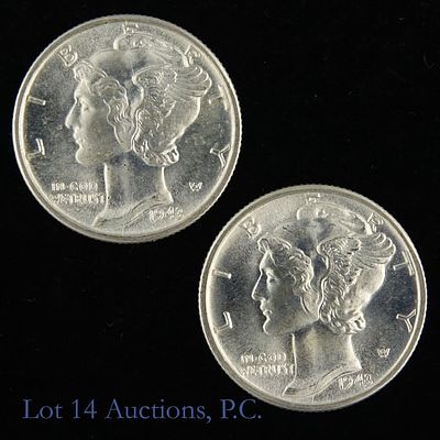 1943-D 90%-Silver Mercury Dimes (2). Two (2) 1943-D United States 90%-silver mercury dimes 