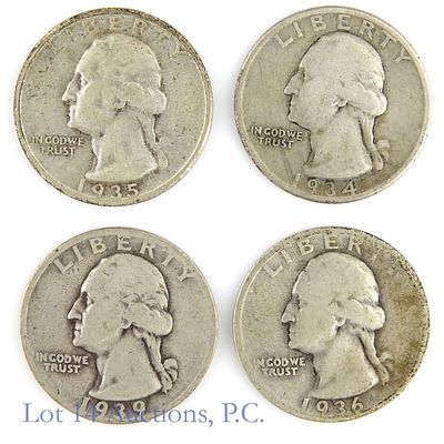 1934 - 1939 USA 90%-Silver Wash. 25c (4). Four (4) United States 90%-silver Washington quarters 