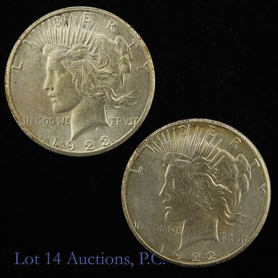 1922-S & 1923-S Silver Peace Dollars (BU), 2. Two (2) United States silver peace dollars (San 