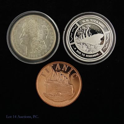 1921-S 90%-Silver Morgan $1 & Titanic Rounds (3). Three (3) United States silver and copper coin 