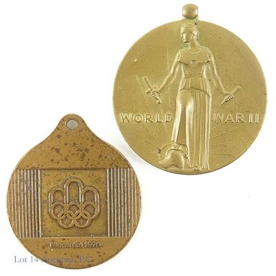 Two Vintage Medals (Olympics, Military). Two vintage medals. The first is a commemorative medal 
