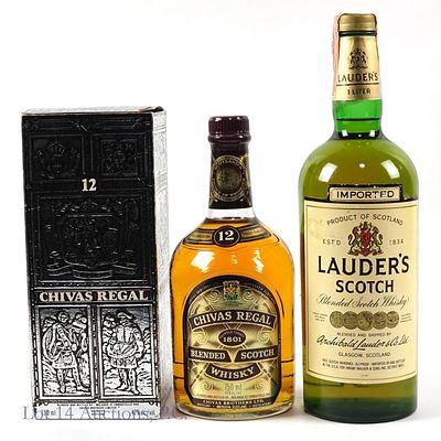 Vintage Lauder's Scotch, Chivas Regal 12Yr. 1980s Lauder's Blended Scotch whisky. Tax strip 