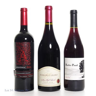 Ferrari Carano, Butler Pond, Apothic Red (3). Ferrari Carano 2019 Pinot Noir. 14.5% ABV. 750ml 