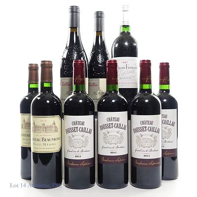 French Red Wines Variety Lot (9). Two (2) bottles 2015 Chateau Beaumont Haut - Medoc Cru 