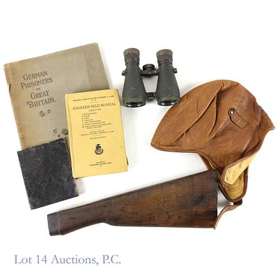 WWI Artifacts (Pilot Cap, Binoculars, More). Group of artifacts from World War 1 comprising of a 