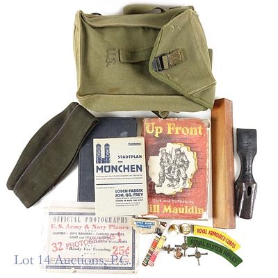 WWII Artifacts (Ammo bag, Cap, Books, More). Group of artifacts from World War II. Lot includes: 
