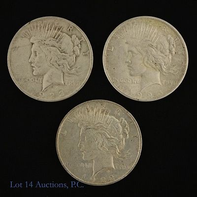 1922, 1923 & 1925 USA 90%-Silver Peace $1 (3). Three (3) United States silver peace dollars 