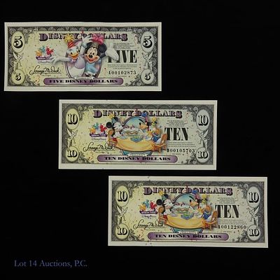 2009 $5 & $10 Disney Dollar Notes in CU (3). Three (3) United States ungraded series 2009 Disney 