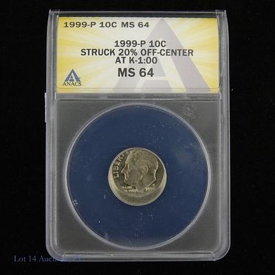 1999-P USA Roosevelt 10c stuck O/C Error (ANACS MS 64). 1999-P United States Roosevelt dime 