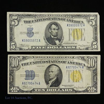 1934A USA WW2 $5 & $10 Silver Cert. Yellow Seal, 2. Two (2) 1934-A United States silver 
