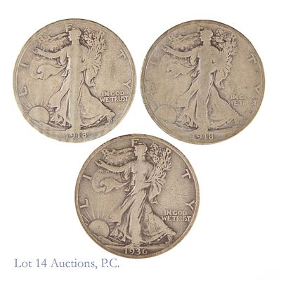 1918d, 1918s & 1936s USA 90%-Silver W/L 50c (3). Three (3) United States silver walking liberty 