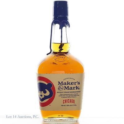 2025 Maker's Mark Chicago Cubs Bourbon. Maker's Mark Chicago Cubs Bourbon (2025), 90 Proof, 750 ml.