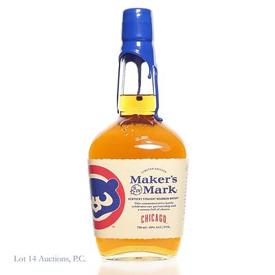2025 Maker's Mark Chicago Cubs Bourbon. Maker's Mark Chicago Cubs Bourbon (2025), 90 Proof, 750 ml.