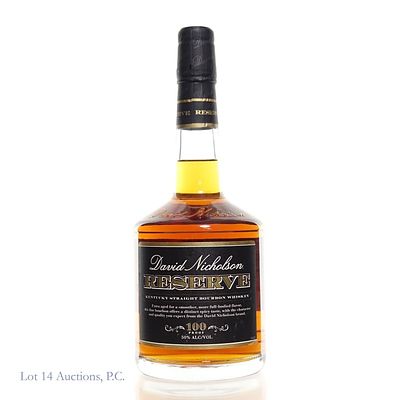 David Nicholson Reserve Bourbon Whiskey, 100 proof, 750ml. Distilled and aged in Kentucky.