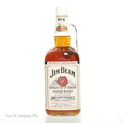 1980s Jim Beam Bourbon Handle Jug (1.75L). Jim Beam Bourbon Handle Jug. 1.75 Liter, 80 Proof. 