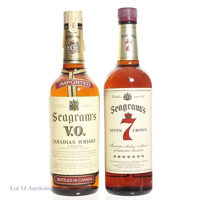 1975 Seagram's VO CA & 7 Crown American Whiskey. 1975 Seagram's V.O. Canadian Whisky. 750 ml, 80 