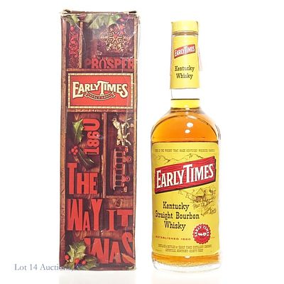 80s Early Times 4 Year Bourbon In Box. 80s Early Times 4 Years Old Bourbon. 750 ml, 80 Proof. 