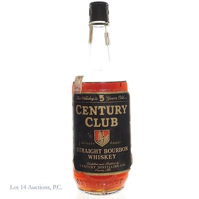 1940s Century Club 5 Year Bourbon*. Century Club 5 Year Bourbon, 90 Proof, 1 Quart, "42" glass 