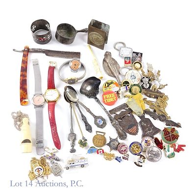 Grandparents Drawer, Pins, Watches, Spoons, More. Grandparents drawer lot including variety of 