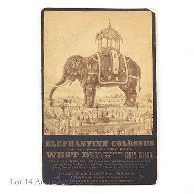 1880s NY Elephantine Colossus Cabinet Card. Antique cabinet card advertising the Elephantine 