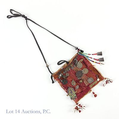 Pashtun (Style) Purse with Coins and Amulets. Bar geatures Nepalese coin, Islamic amulet, and 