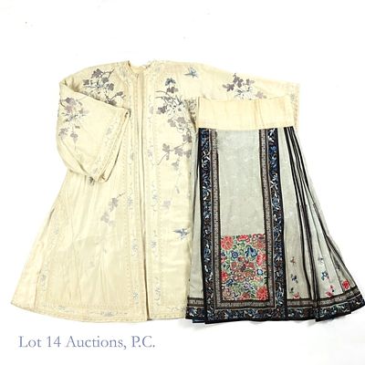 Chinese Embroidered Silk Robe & Skirt. Vintage Chinese embroidered silk robe, mostly good 
