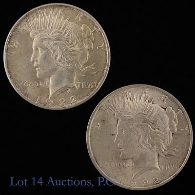 1922 (P) US 90%-Silver Peace $1 (*CH BU), 2. Two (2) 1922 (P) United States silver peace dollars 