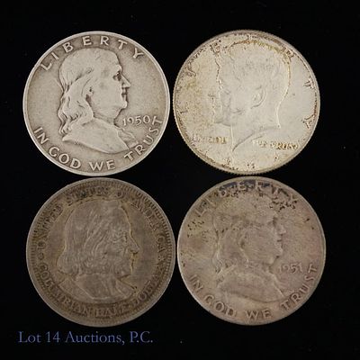 Various US 90%-Silver Half Dollars (4). Four (4) United States 90%-silver half dollars 