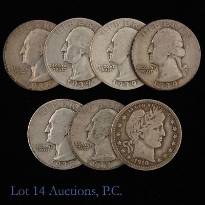 US Barber & Washington 90%-Silver 25s (7). Seven (7) United States 90%-silver quarters. Per 