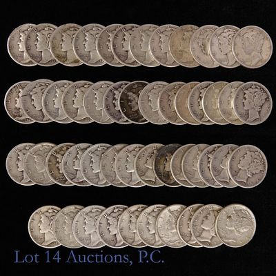 US 90%-Silver Mercury Dimes (50). Fifty (50) United States silver mercury dimes in plastic coin 