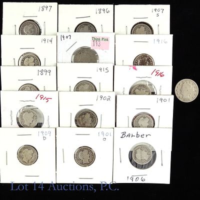 1896 - 1916 US Silver Barber Dimes, 14. Fourteen (14) United States silver Barber dimes 