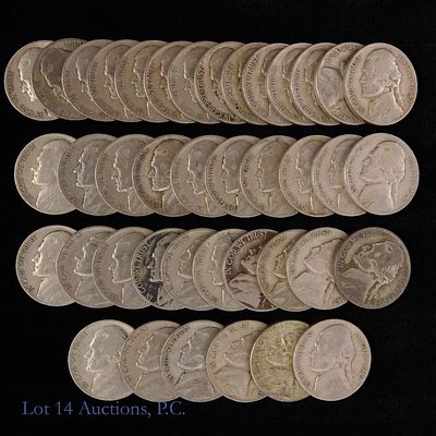 1942-1945 US Silver Jefferson WW2 Nickels (40). Forty (40) United States silver World War II 