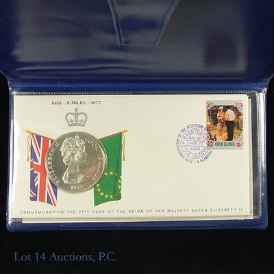 1977 Cook Islands Silver Proof $25 & FDOI Cover. 1977 Cook Islands silver $25 coin (franklin 