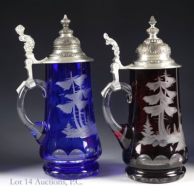 German Ludwigsthal Cut To Clear Beer Steins (2). Two lidded beer steins made in Germany and 