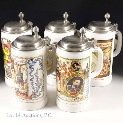 Gerz Oktoberfest Museum Lidded Beer Steins (5). Five different Gerz lidded beer steins from the 