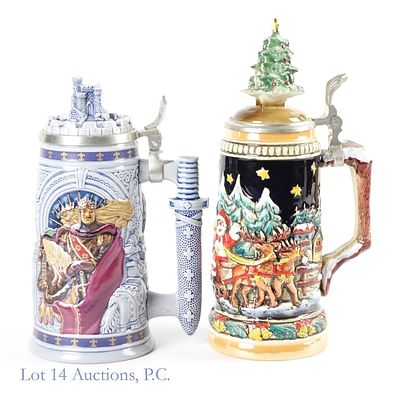 Lidded Beer Steins With Christmas Theme (2). Two lidded beer steins with a Christmas theme. 