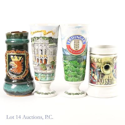 German, Thai, Super Bowl XXSXI Beer Steins (4). Assortment of four different beer steins. Two 