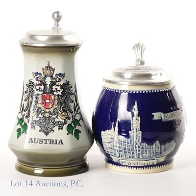 Gerz - Rathaus, King Austria Lidded Beer Steins, 2. Assortment of two lidded beer steins. One 